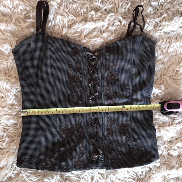 NY&Co Lace-Up Corset Top Embroidered Brown Plaid Bustier Size L - Picture 7 of 10